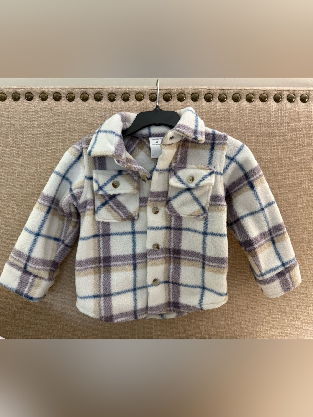 Girls Kids Thick Plaid Shacket Jacket - Cream & Purple size 3T